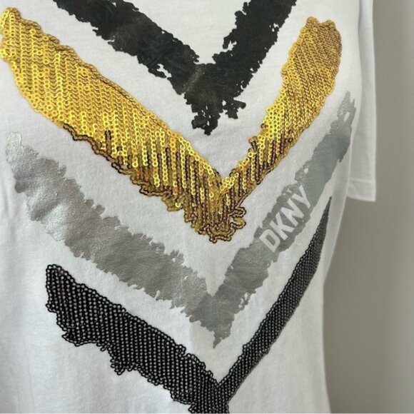 DKNY Ruched Puff Sleeve Mixed Media Logo Tshirt - Picture 3 of 6